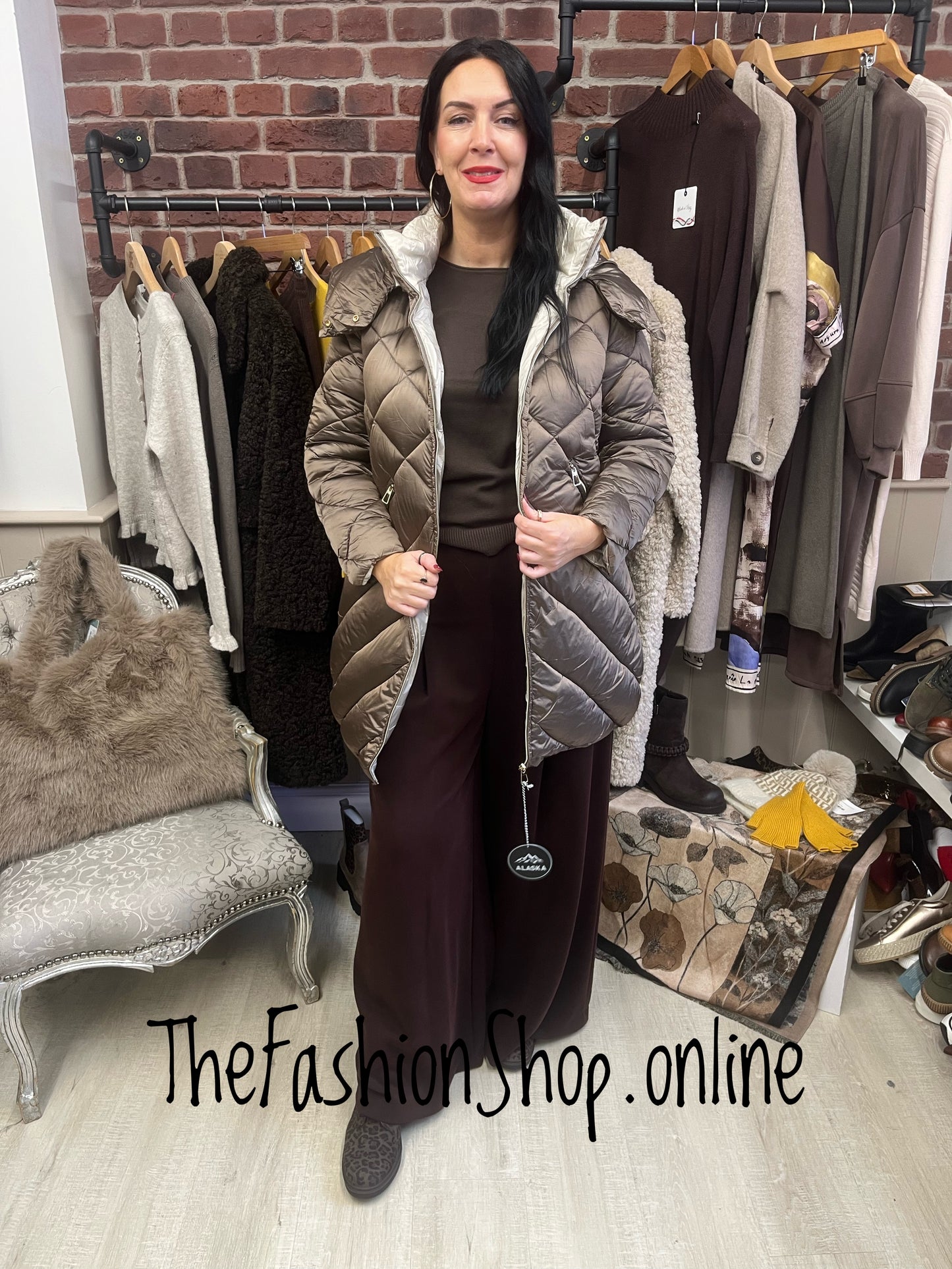 Fly Out antique coffee padded mid length coat sizes 10,12,14,16 and 18