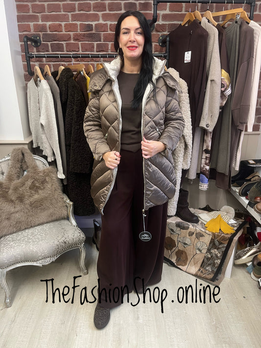 Fly Out antique coffee padded mid length coat sizes 10,12,14,16 and 18