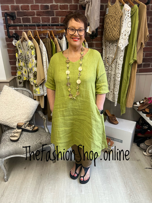 Selena olive V neck linen dress 14-20