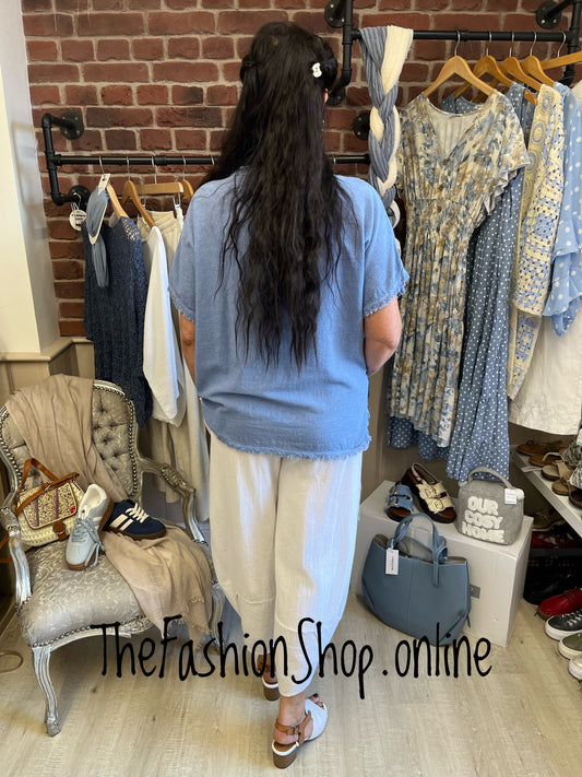 Rosa blue raw edge linen mix top 14-18