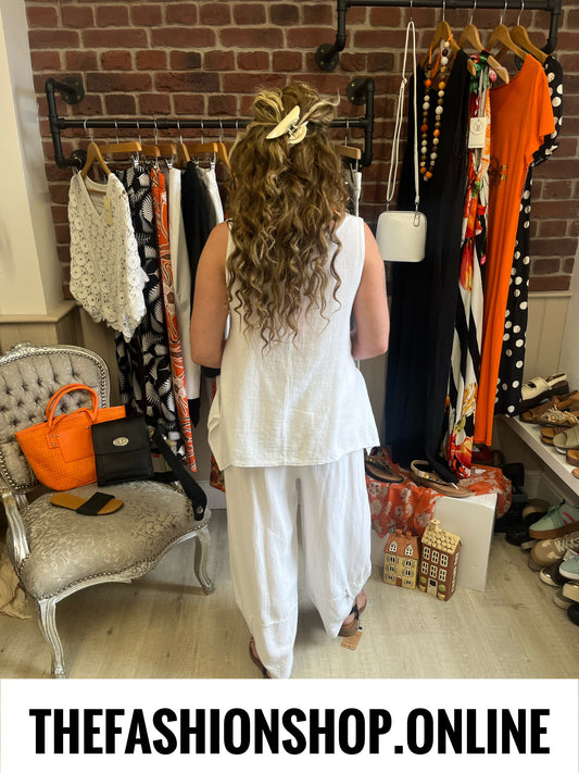Maya white linen mix dipped hem top 8-14