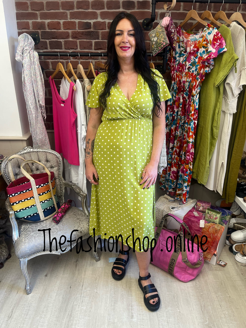 Lime spot dress with side split sizes 10-16