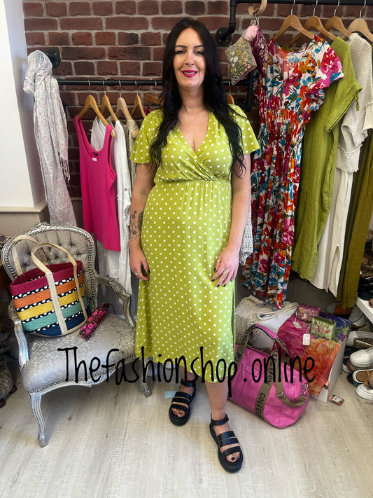 Lime spot dress with side split sizes 10-16