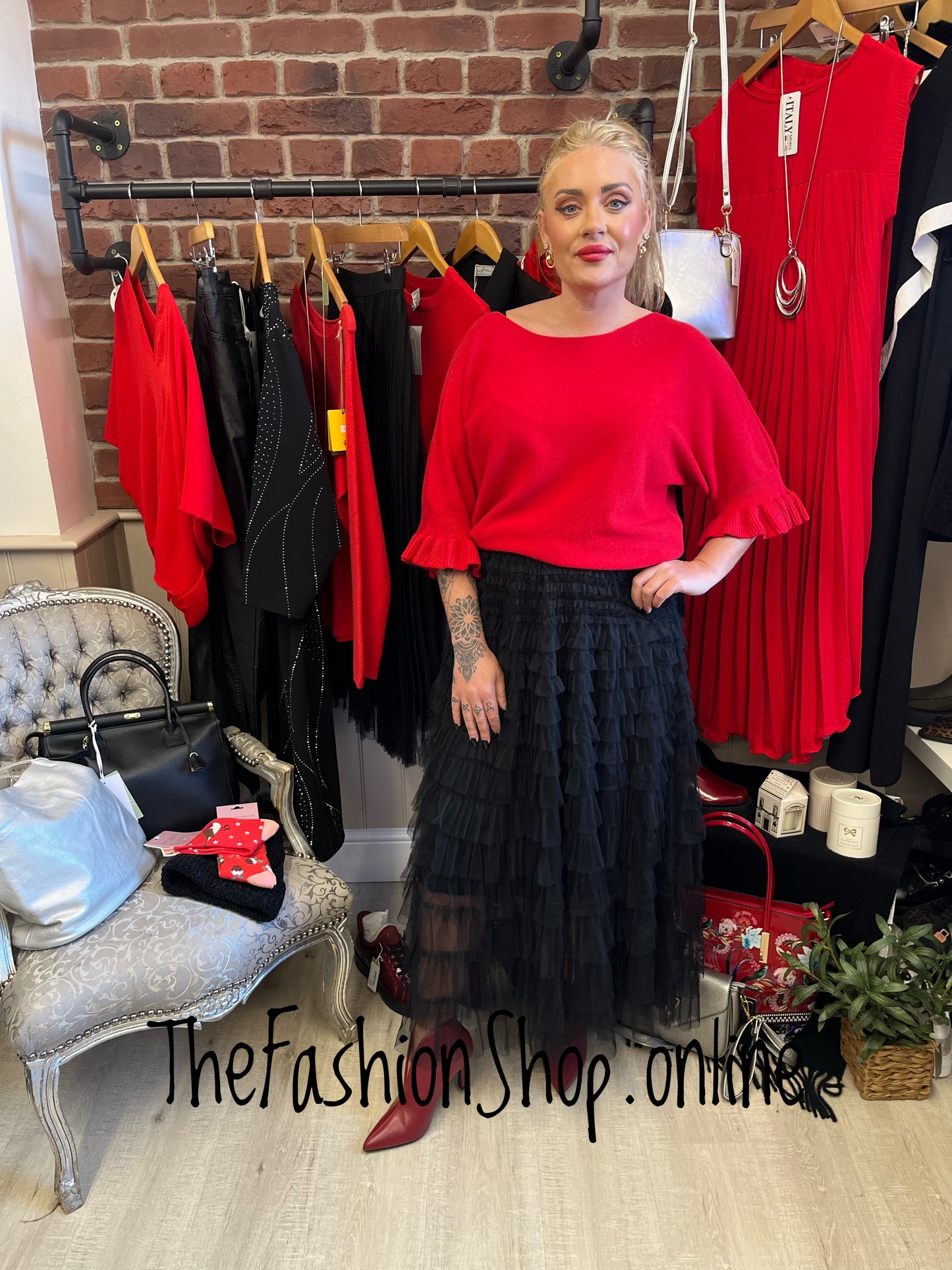 Tess red jumper with frill sleeve 8-14