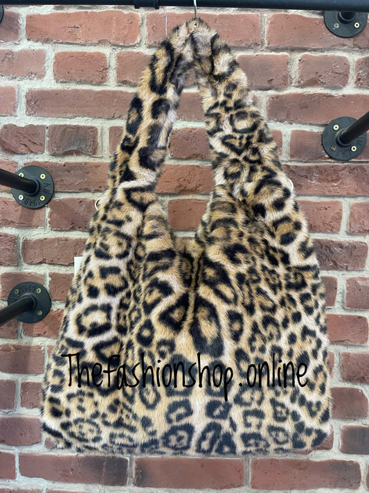 Harlow brown leopard print faux fur shoulder bag