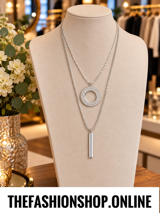Envy double layer silver necklace with circle and bar pendants