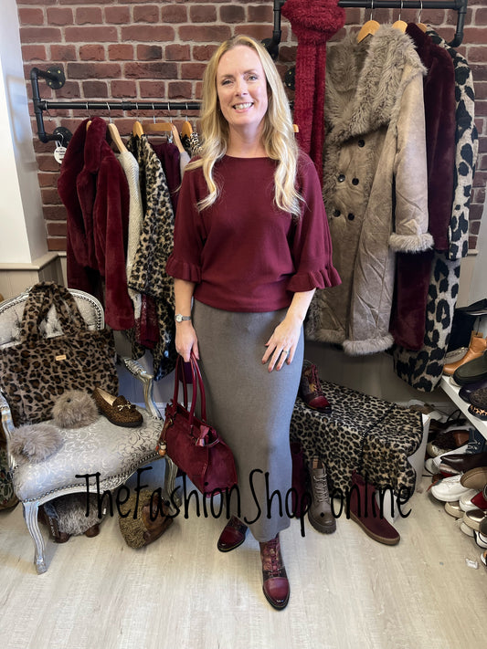 Tess wine jumper with frill sleeve 8-14