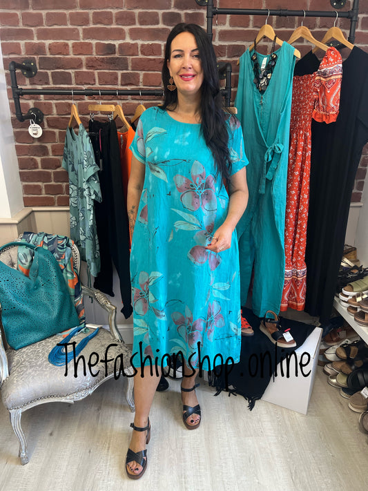 Hayley teal floral linen mix dress 10-16