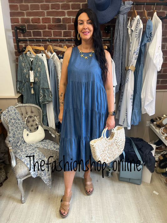 Fly out tiered denim dress 10-16