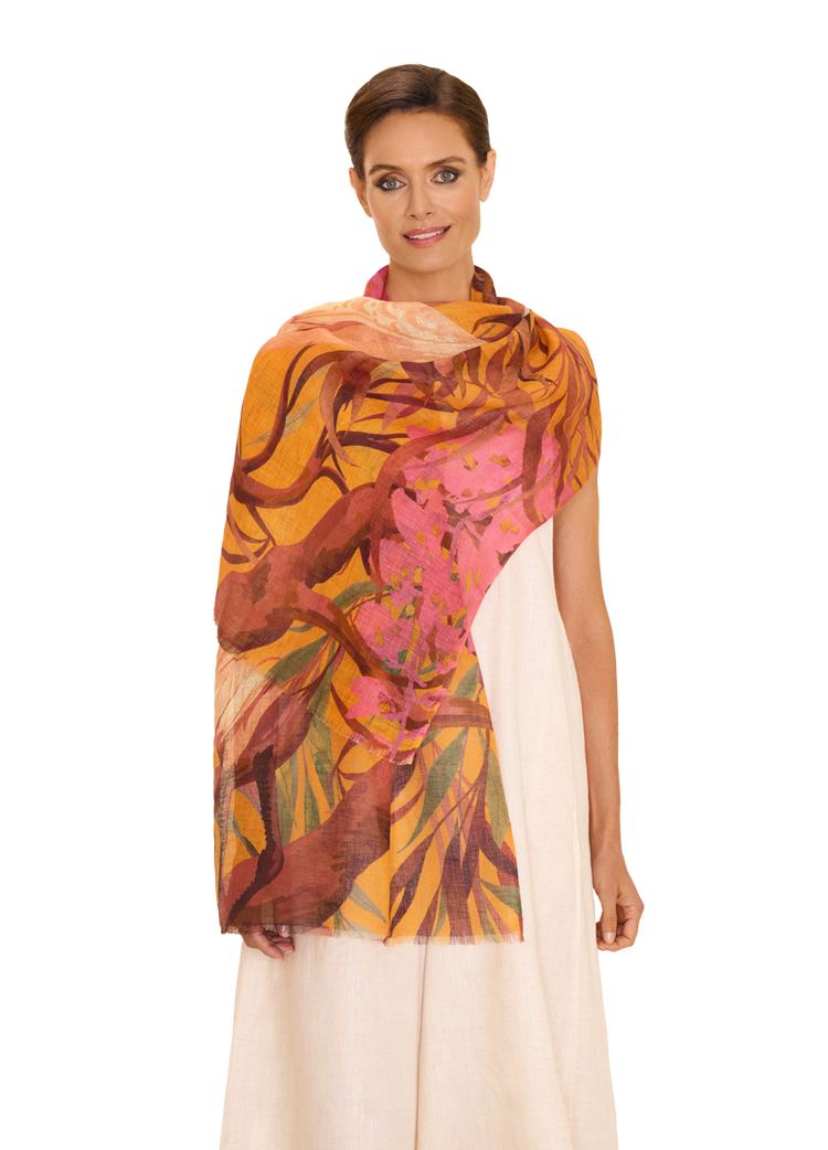 Powder Oriental Crane Design Scarf in cotton and linen