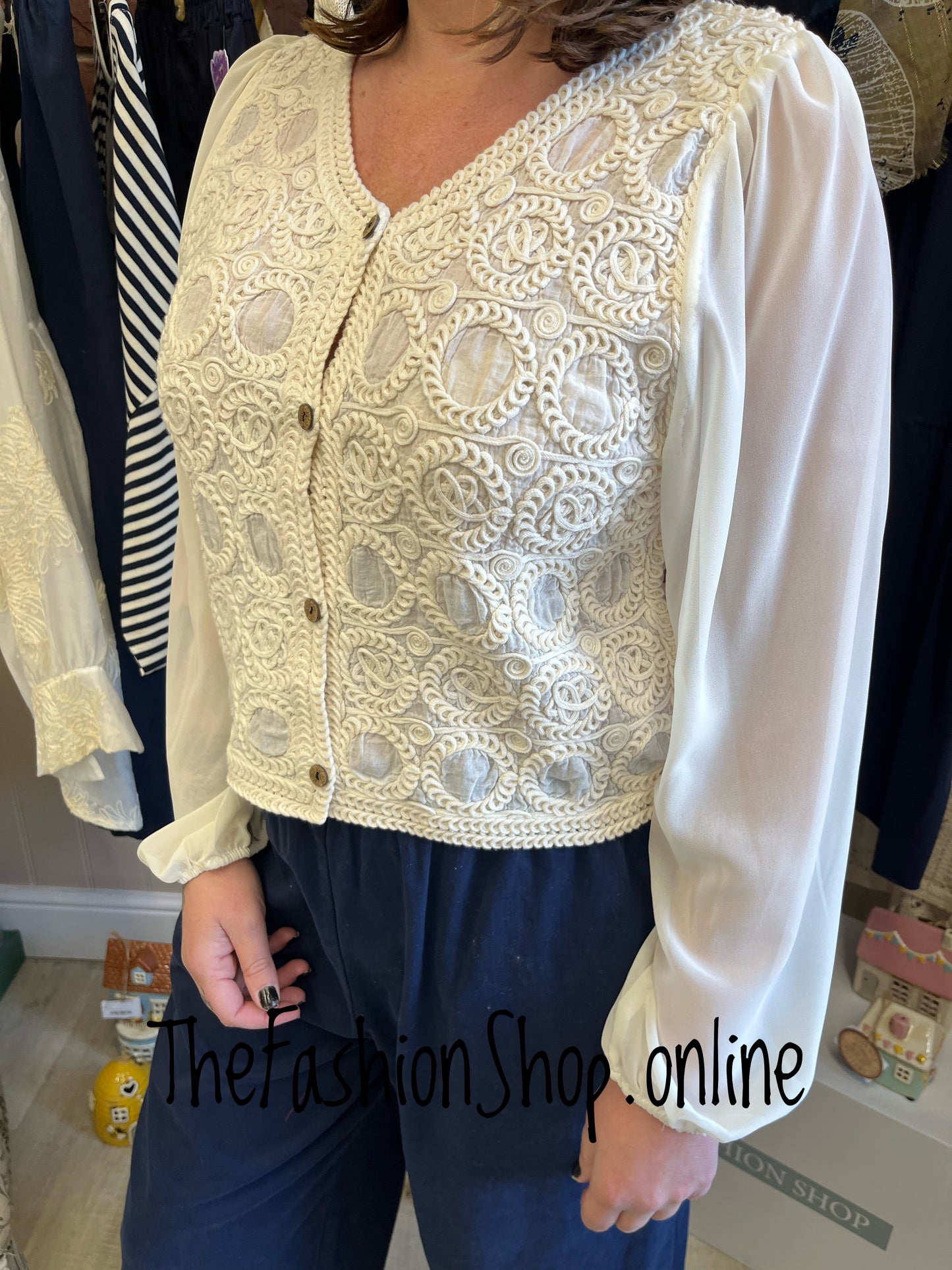 Phoebe sheer sleeve crochet top 8-12