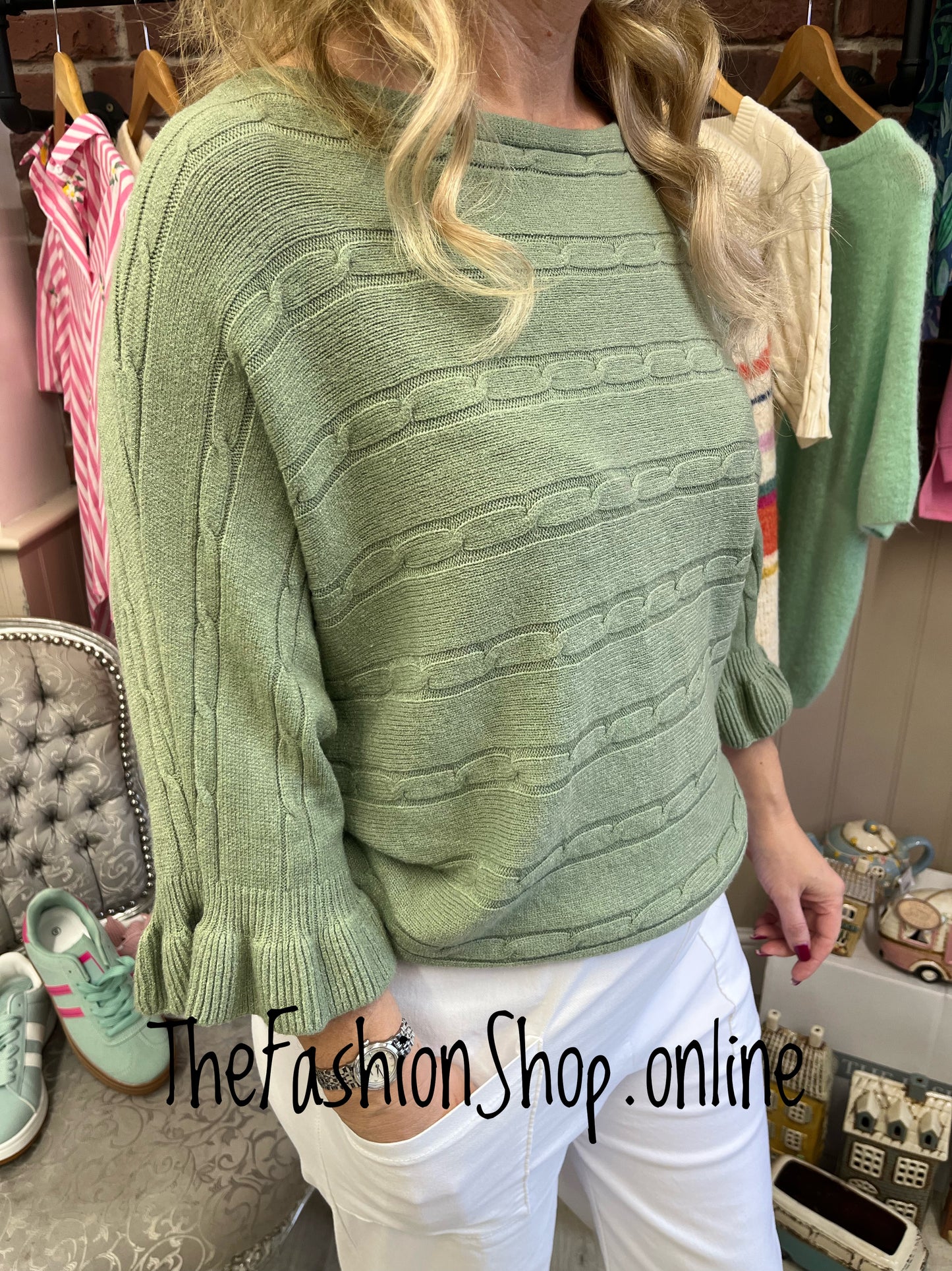 Eleanor sage green frill sleeve jumper 10-16