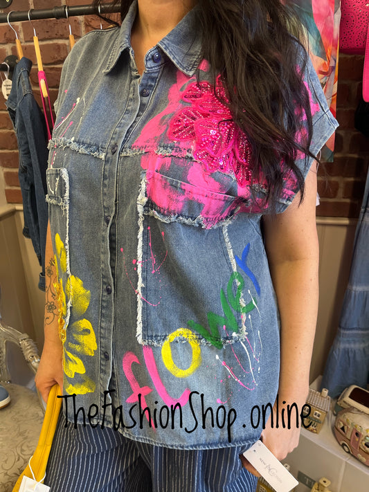 Fly Out denim graffiti sleeveless jacket 12-18