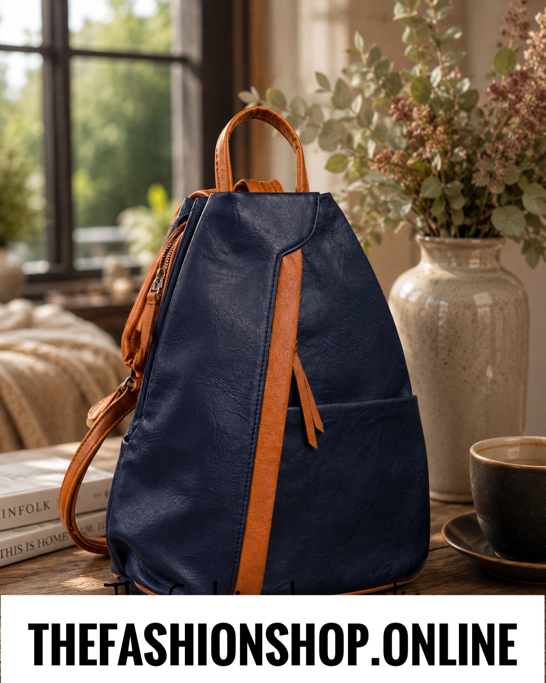 The Charlie Anti Theft Ruck Sack in Navy and Tan