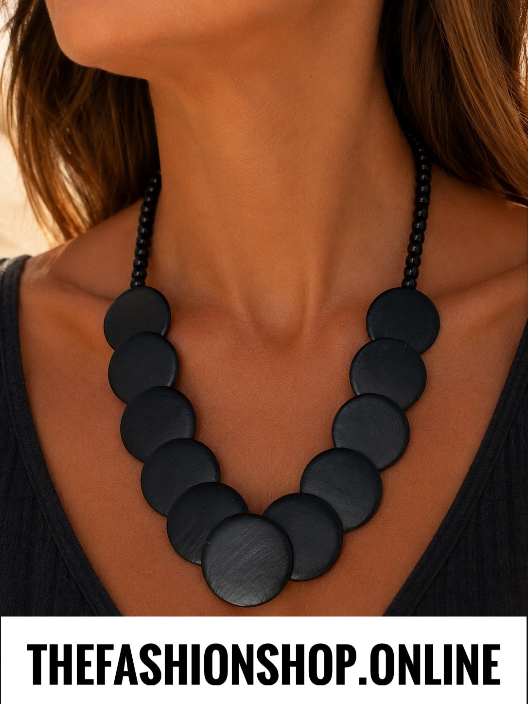 Sienna Wooden Circles  Statement Necklace in Black