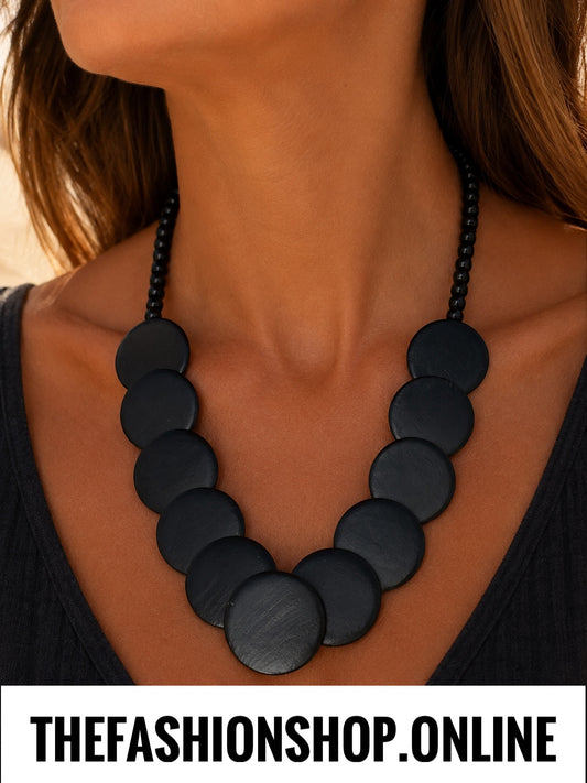 Sienna Wooden Circles  Statement Necklace in Black