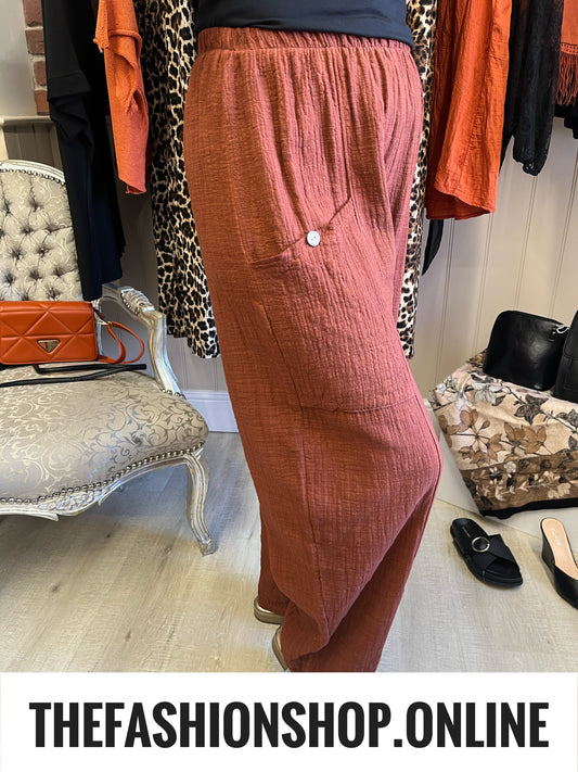 Lydia cinnamon cheesecloth trousers 10-16