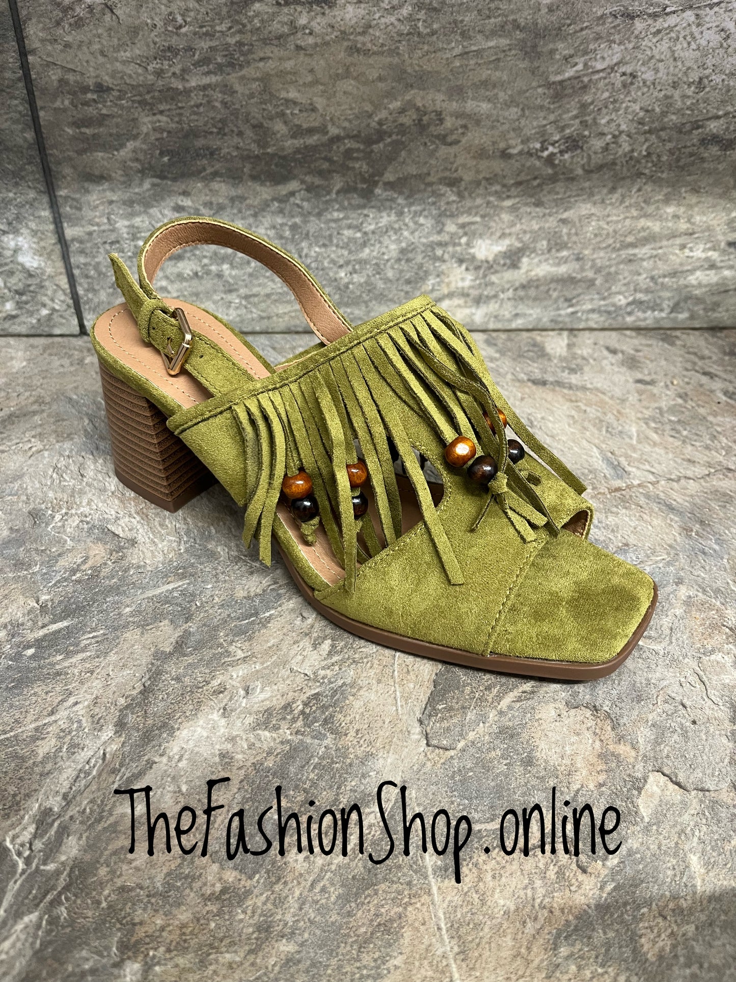 Luna olive block heel fringed sandals sizes 3-8 (36-41)
