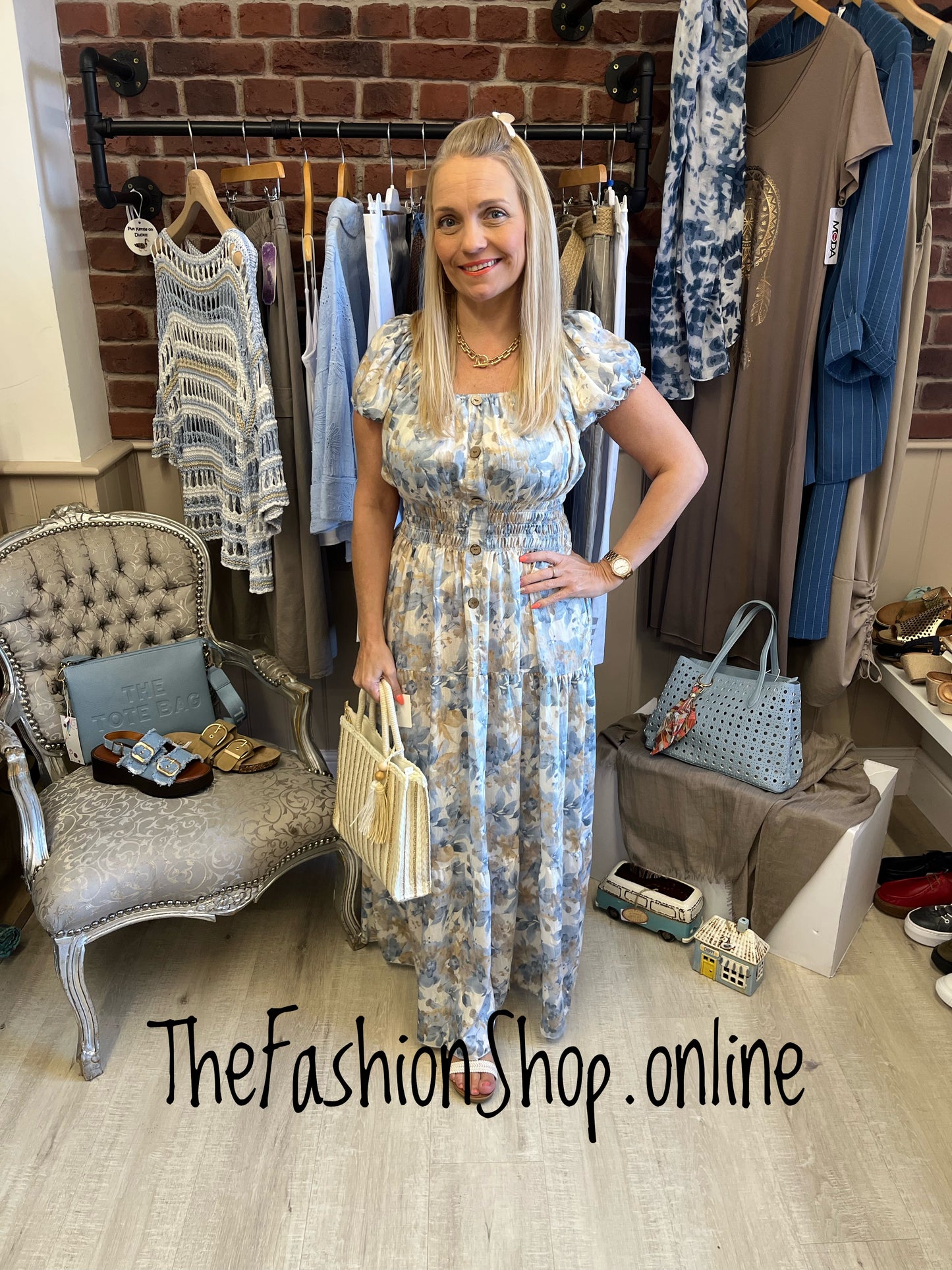 Lillie denim blue and mocha floral gypsy maxi dress 8-18