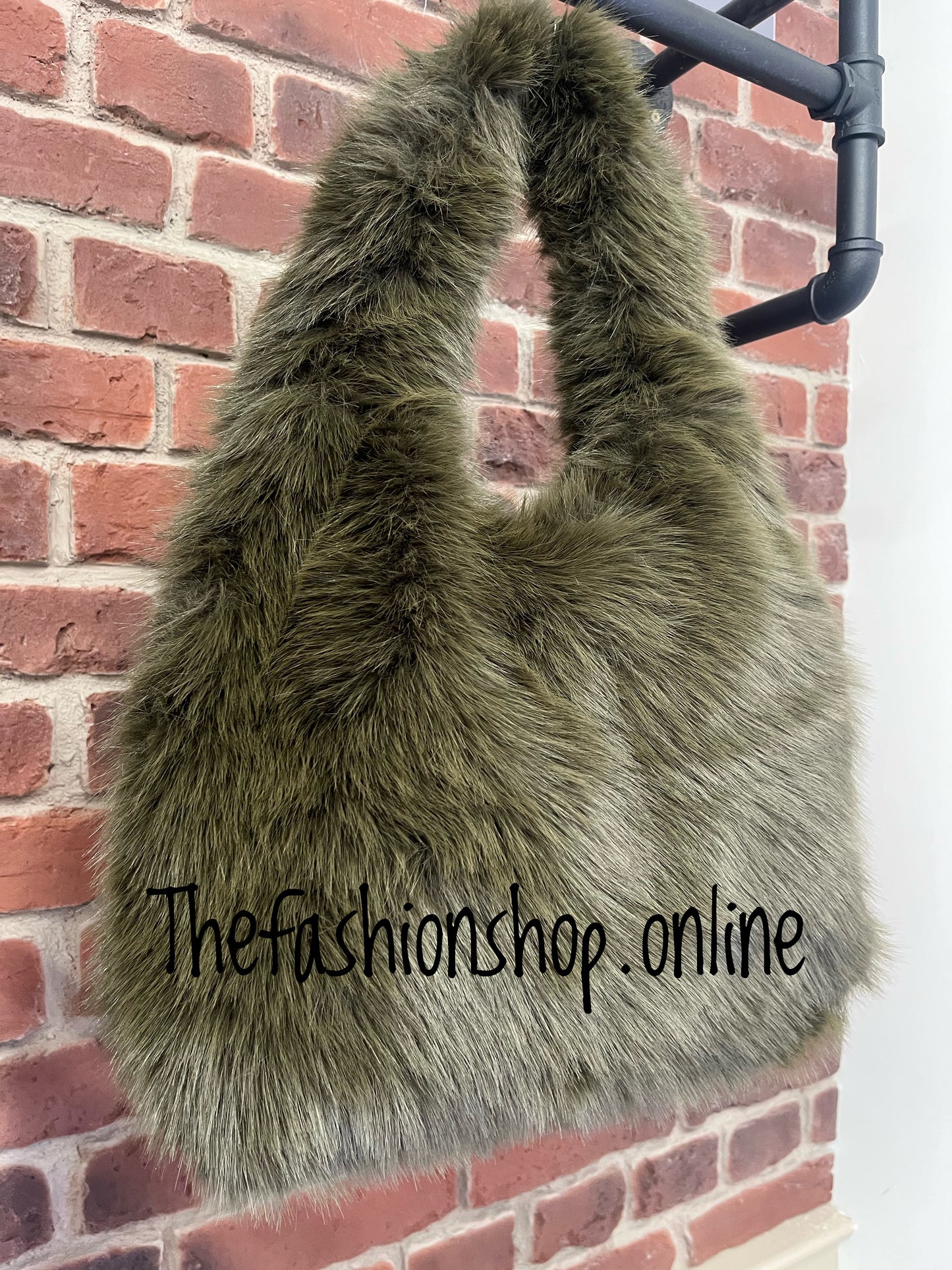 Harlow dark khaki faux fur shoulder bag