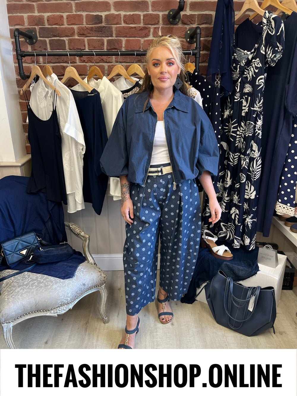 Jayda navy spot barrel leg trousers 8-14
