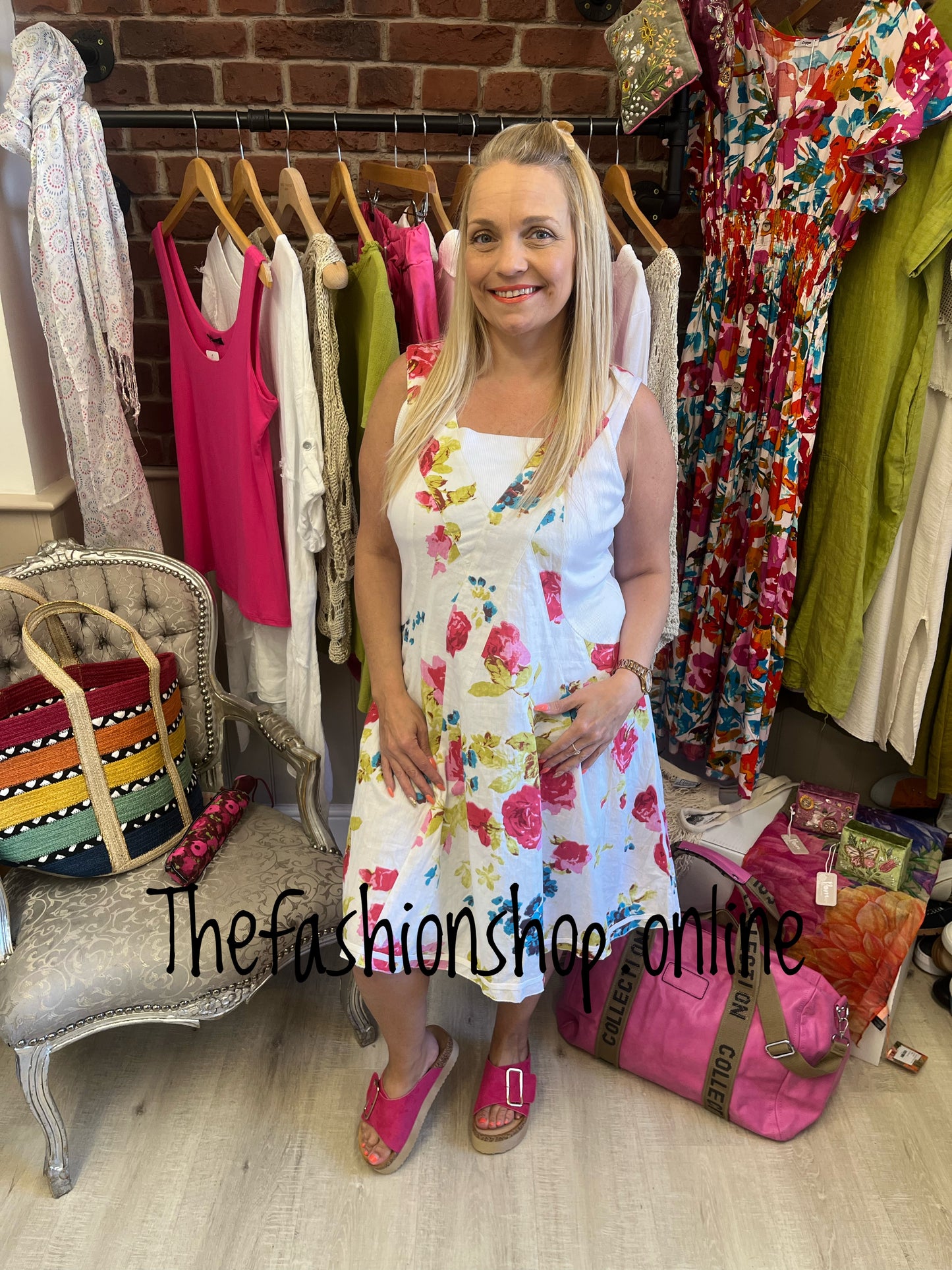 White linen mix floral summer dress sizes 8-12, 14-18