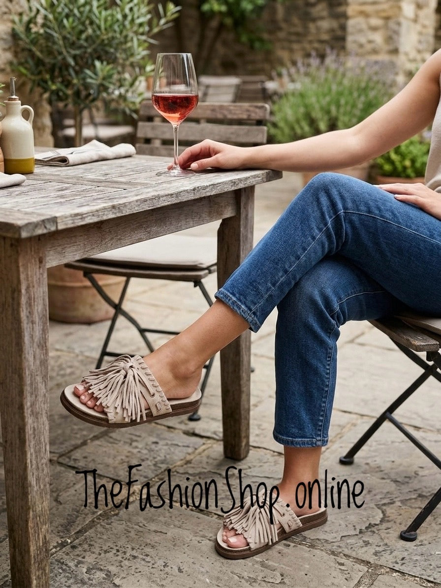 Jasmine beige boho tassel sandals sizes 3-8 (36-41)
