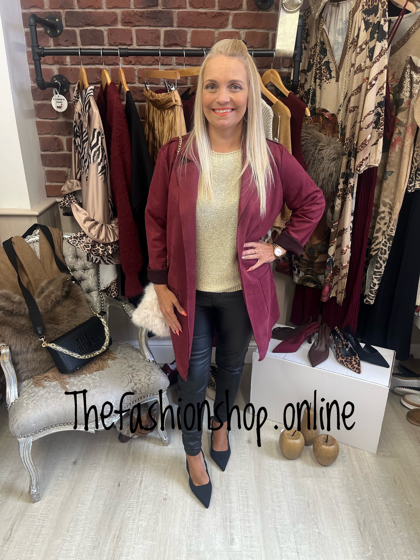Cassie wine faux suede mid length jacket 10-16
