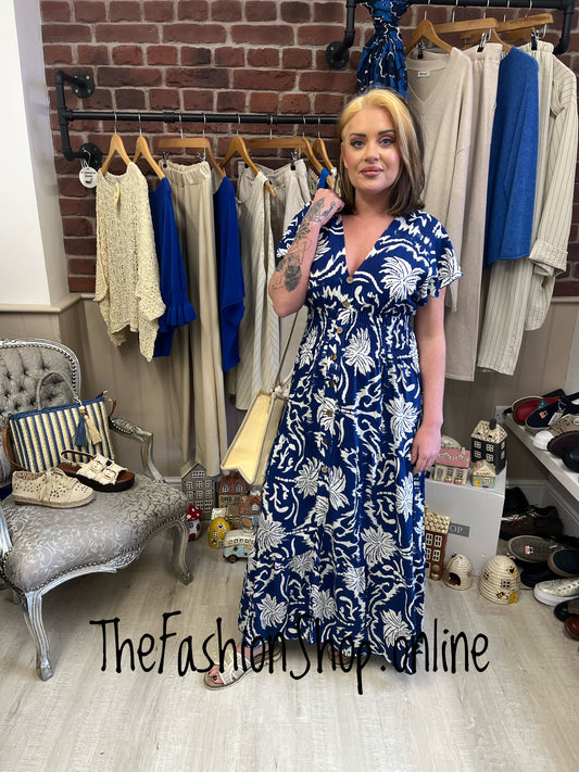 Harmony navy and cream printed dress 10-18