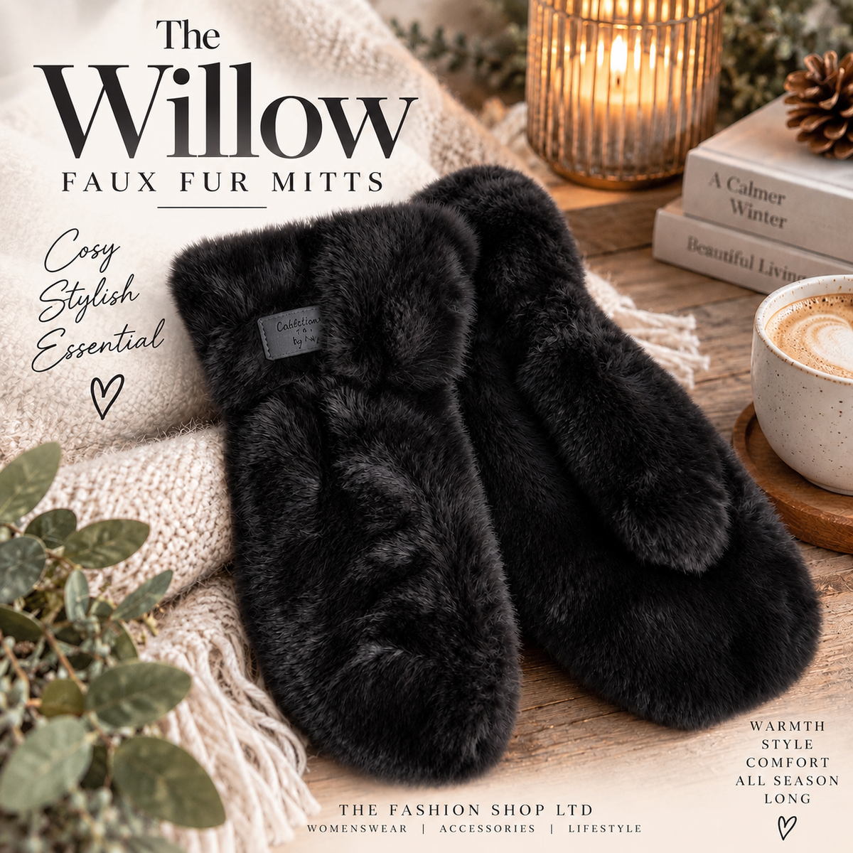 The Willow Faux Fur Mitts in Black