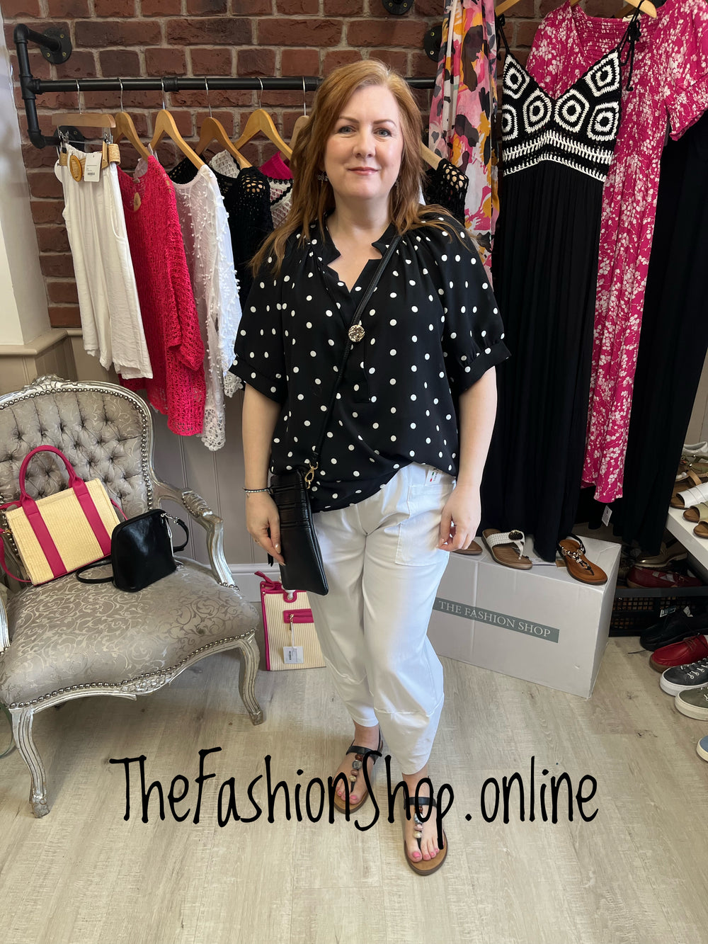 Natalie black and white spot button blouse 12-16