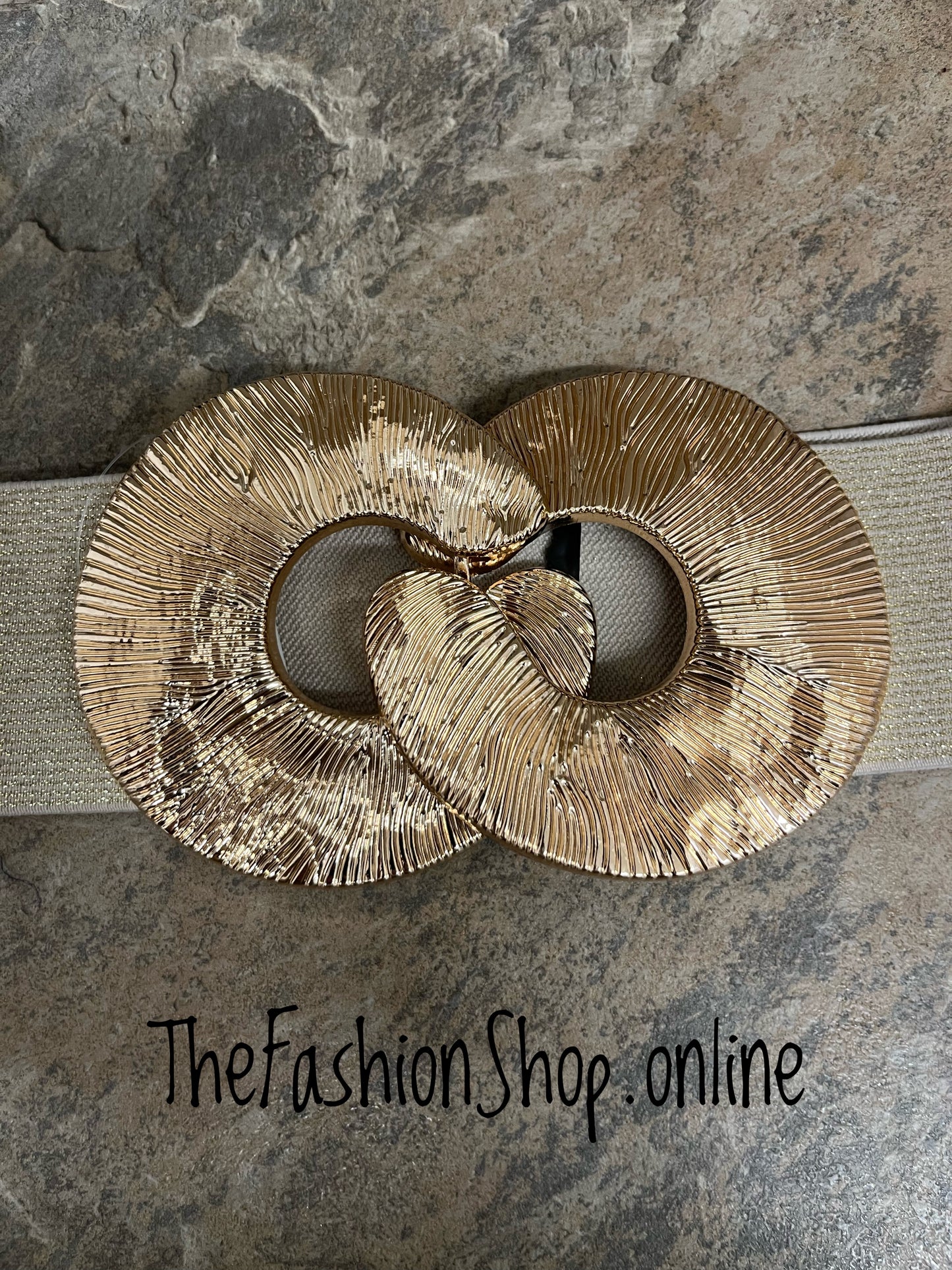 Gold large buckle elasticated statement belt