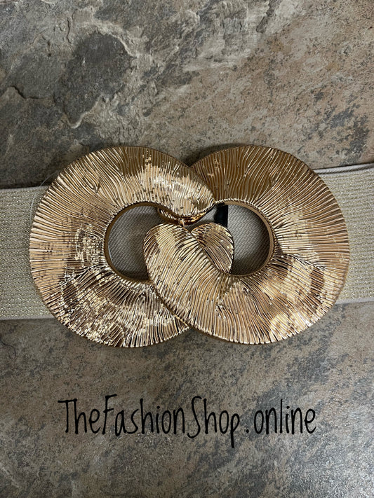 Gold large buckle elasticated statement belt
