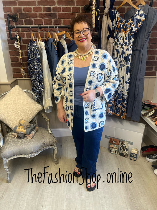 Emily navy, light blue and cream circles crochet cardigan 14-22