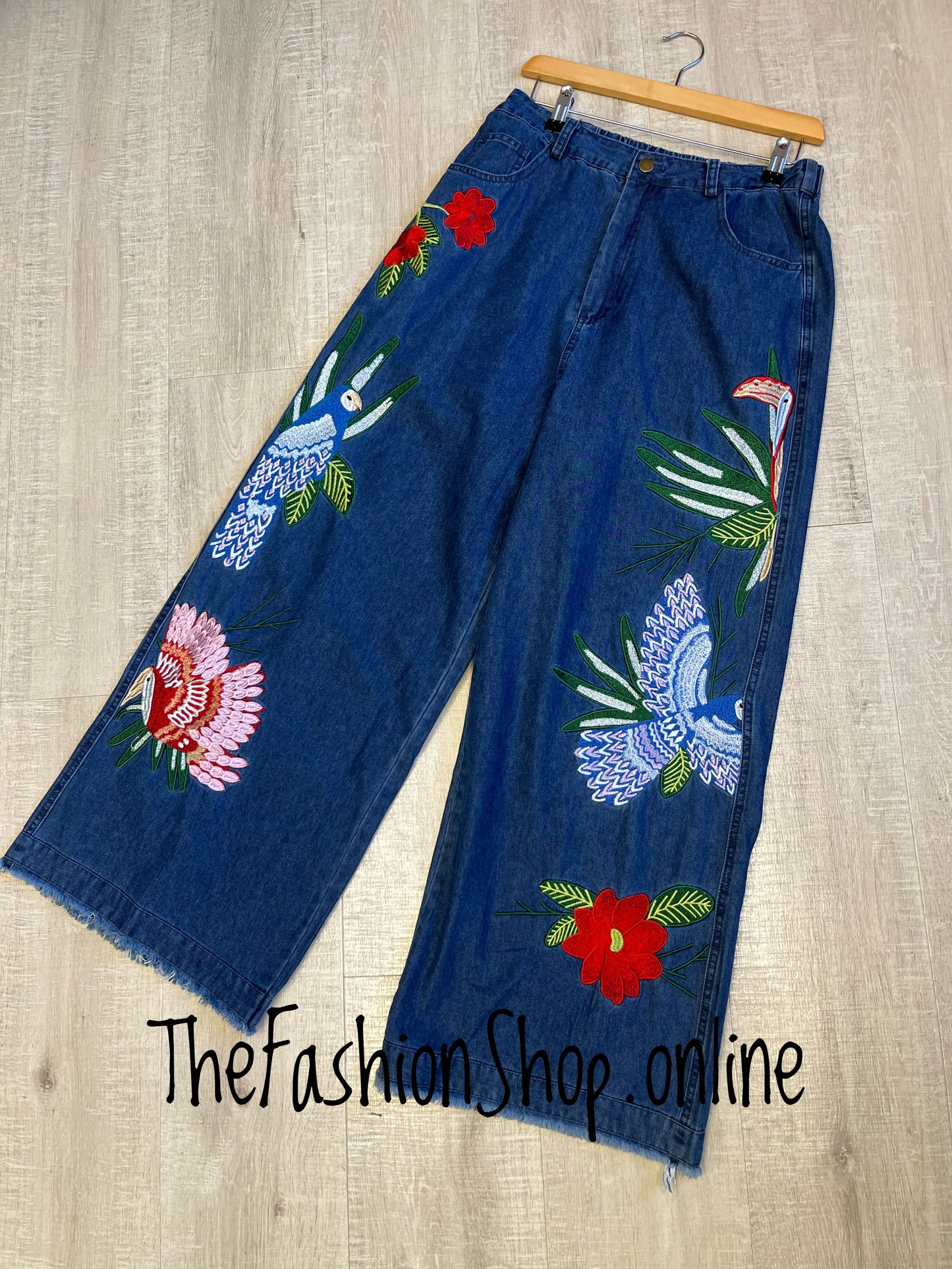 Fly Out birds of paradise wide leg jeans 8-14