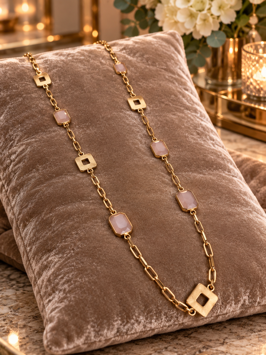 Envy gold squares with pink stones necklace