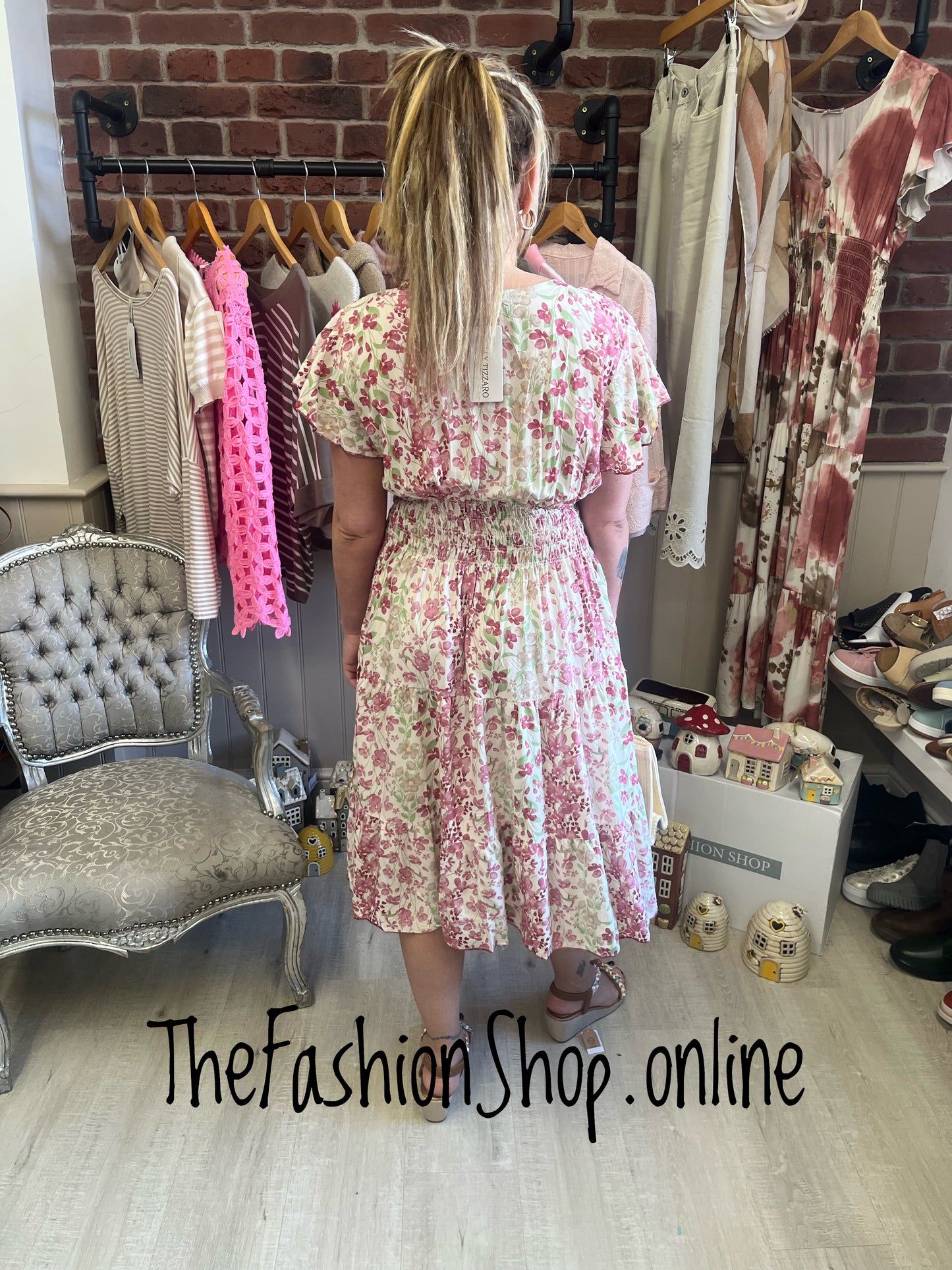 Harmony Pink and Green Floral Midi V Neck Dress 10-18