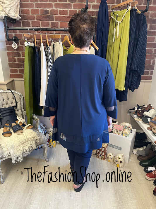 Mandy navy tunic with mesh hem 16-22