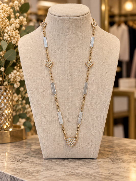 Envy long gold and silver hearts and bars necklace