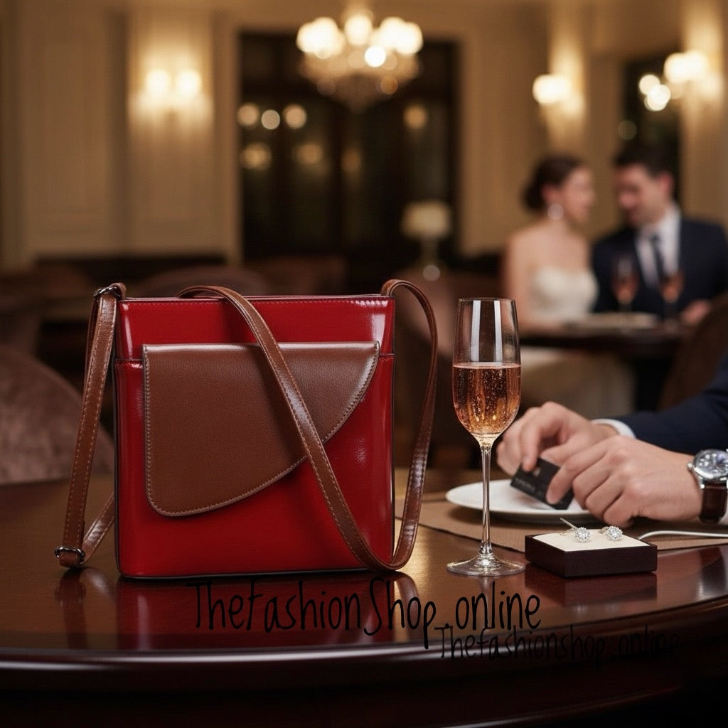 Ladies Binocular Cross Body Bag in Red and Tan