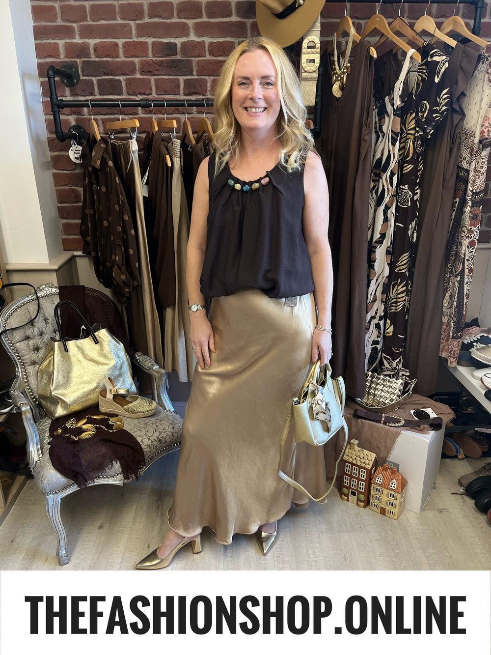 Remi gold sateen maxi skirt 8-14
