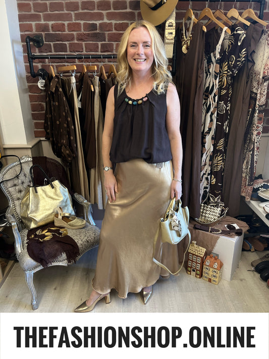 Remi gold sateen maxi skirt 8-14