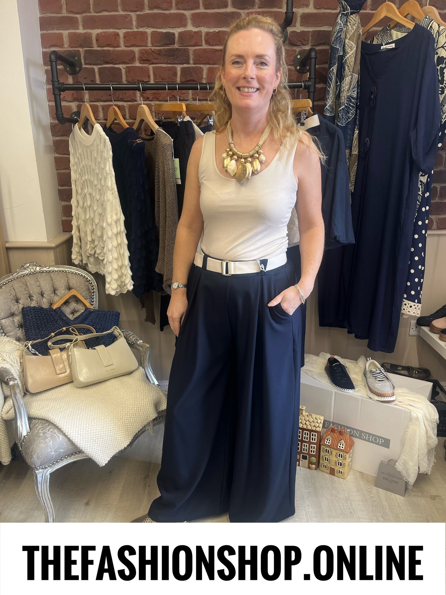 Madelaine navy wide leg trousers with belt 8-14