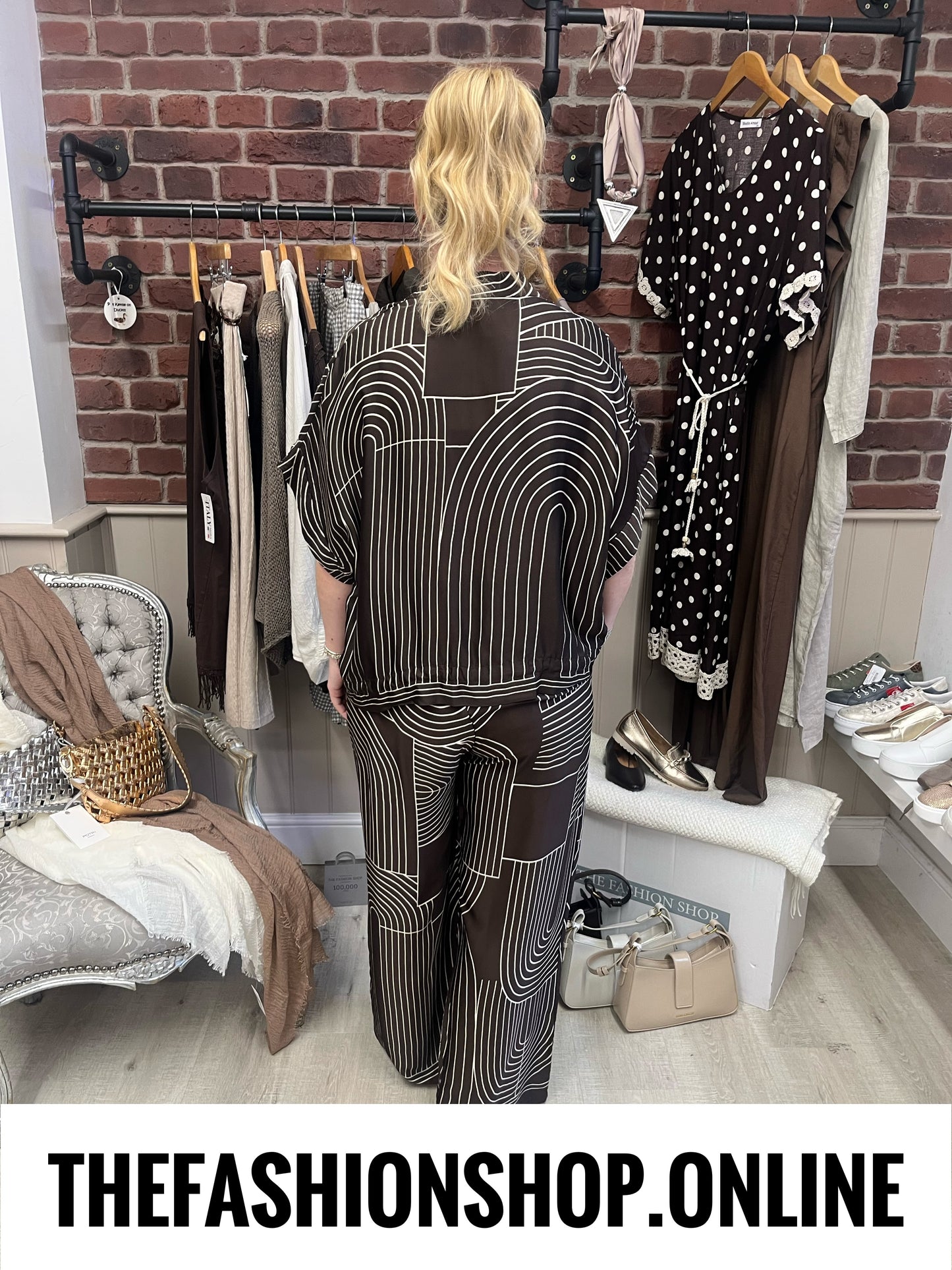 Deena brown geometric silk feel trousers 8-16