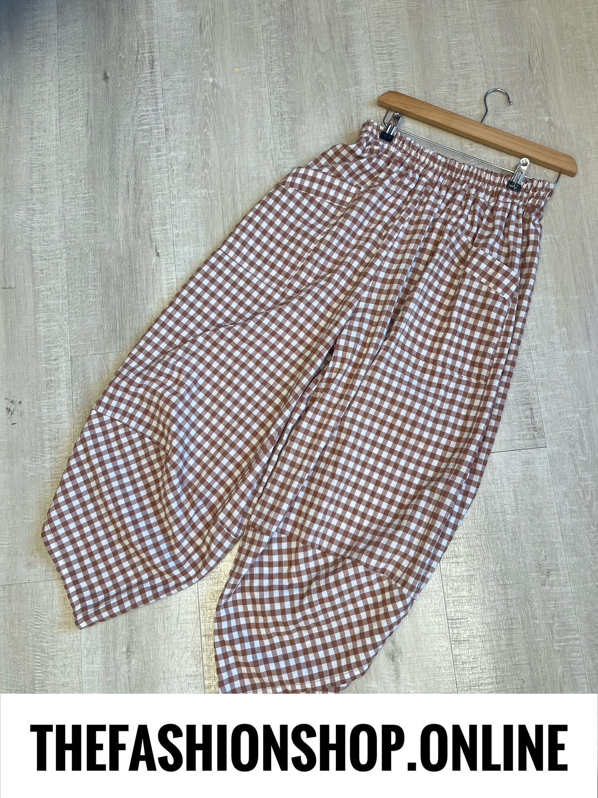 Sally camel gingham tulip hem trousers 8-16