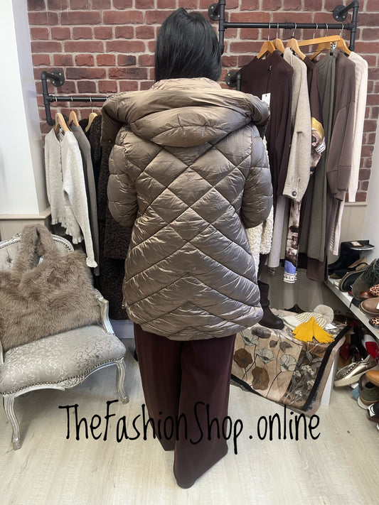 Fly Out antique coffee padded mid length coat sizes 10,12,14,16 and 18