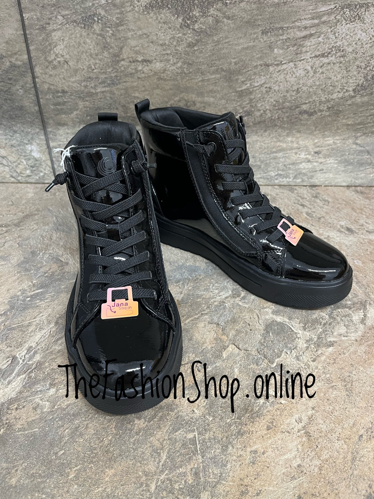 Jana black patent step in ankle boot sizes 4-8 (37-42)