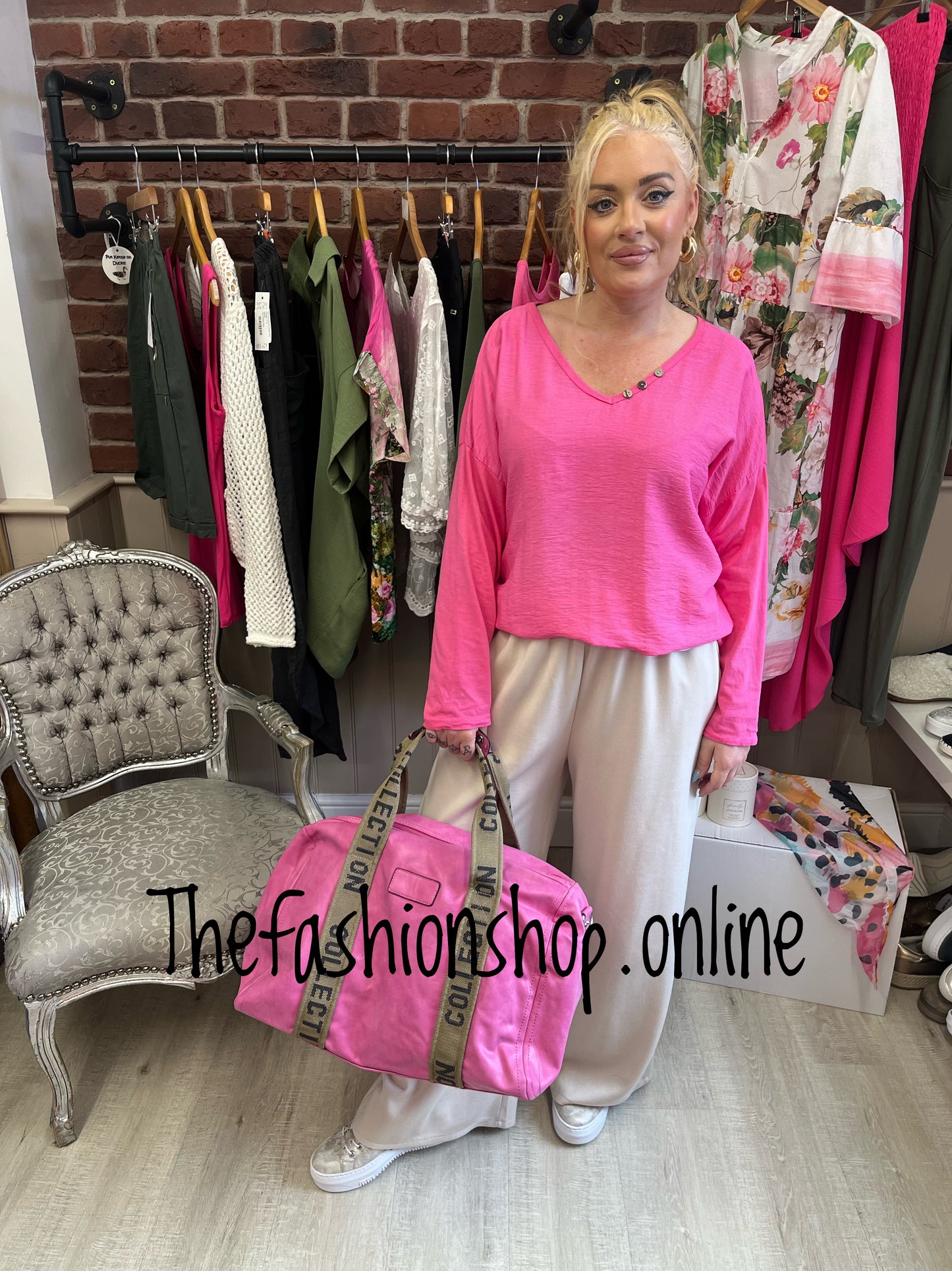 Tasha hot pink button neck detail top 12-16