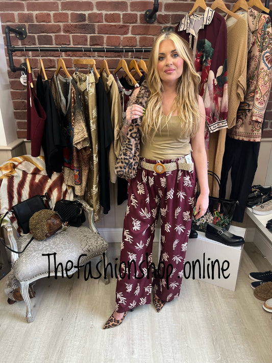 Athena wine printed linen mix trousers with belt 8-16