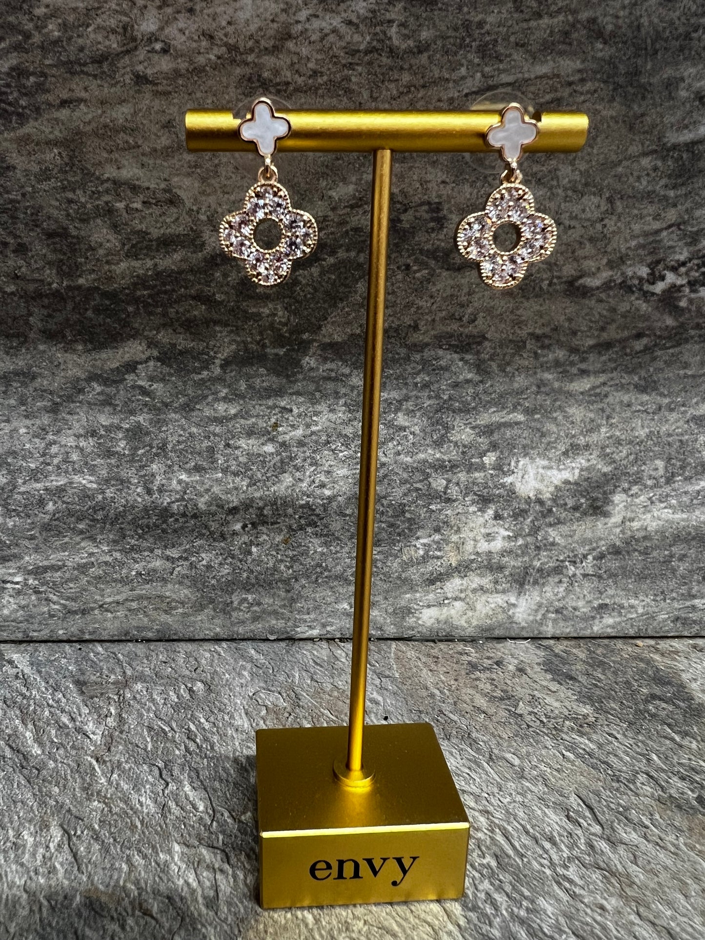 Envy gold double crystal clover drop earrings